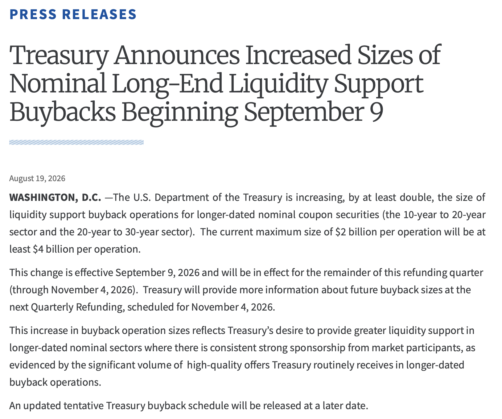 U.S. Department of the Treasury Press Release, August 19 2026, Announcing Increased Buyback Sizes