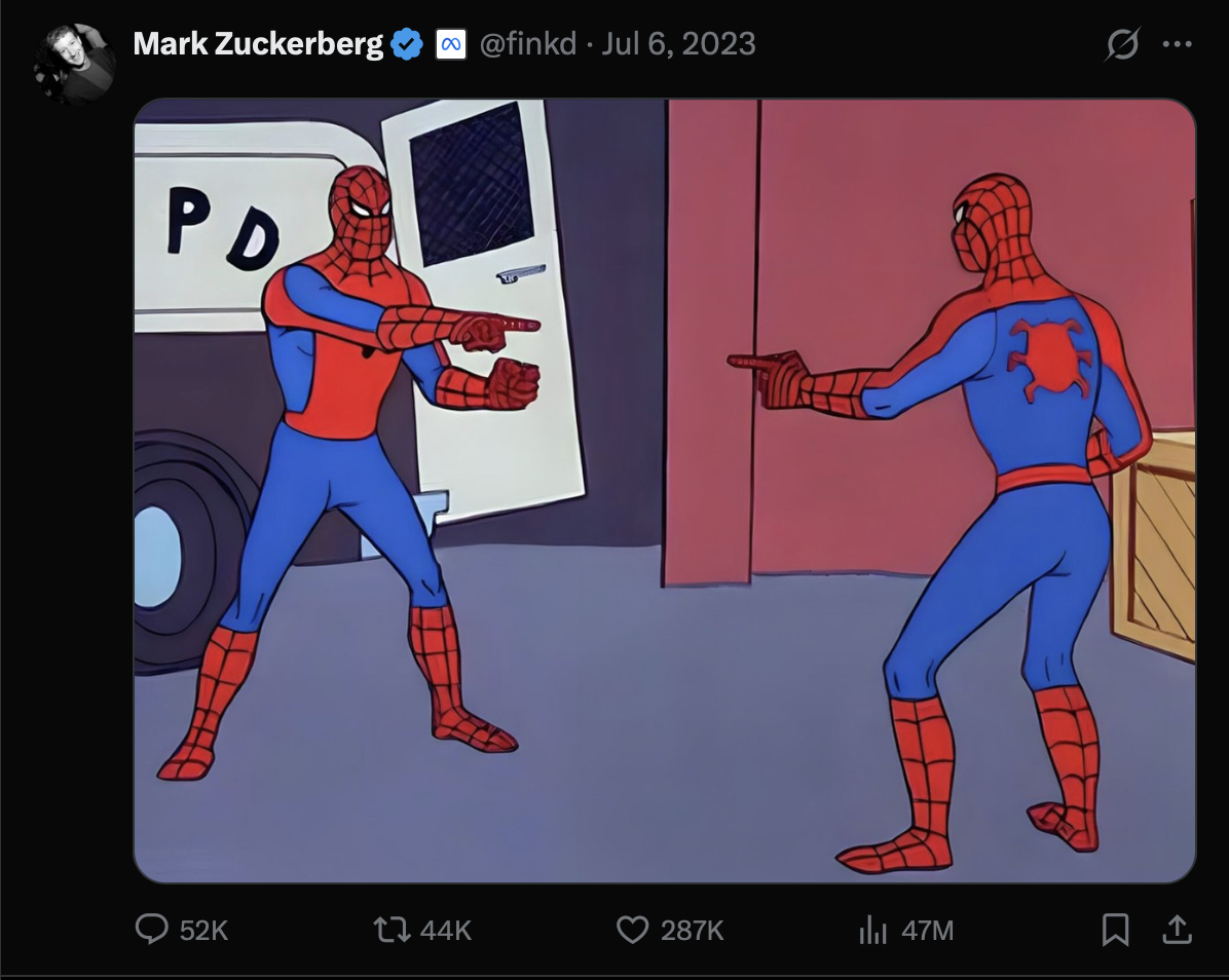 Mark Zuckerberg Spider-Man meme tweet, July 6 2023, META closed at $291.20